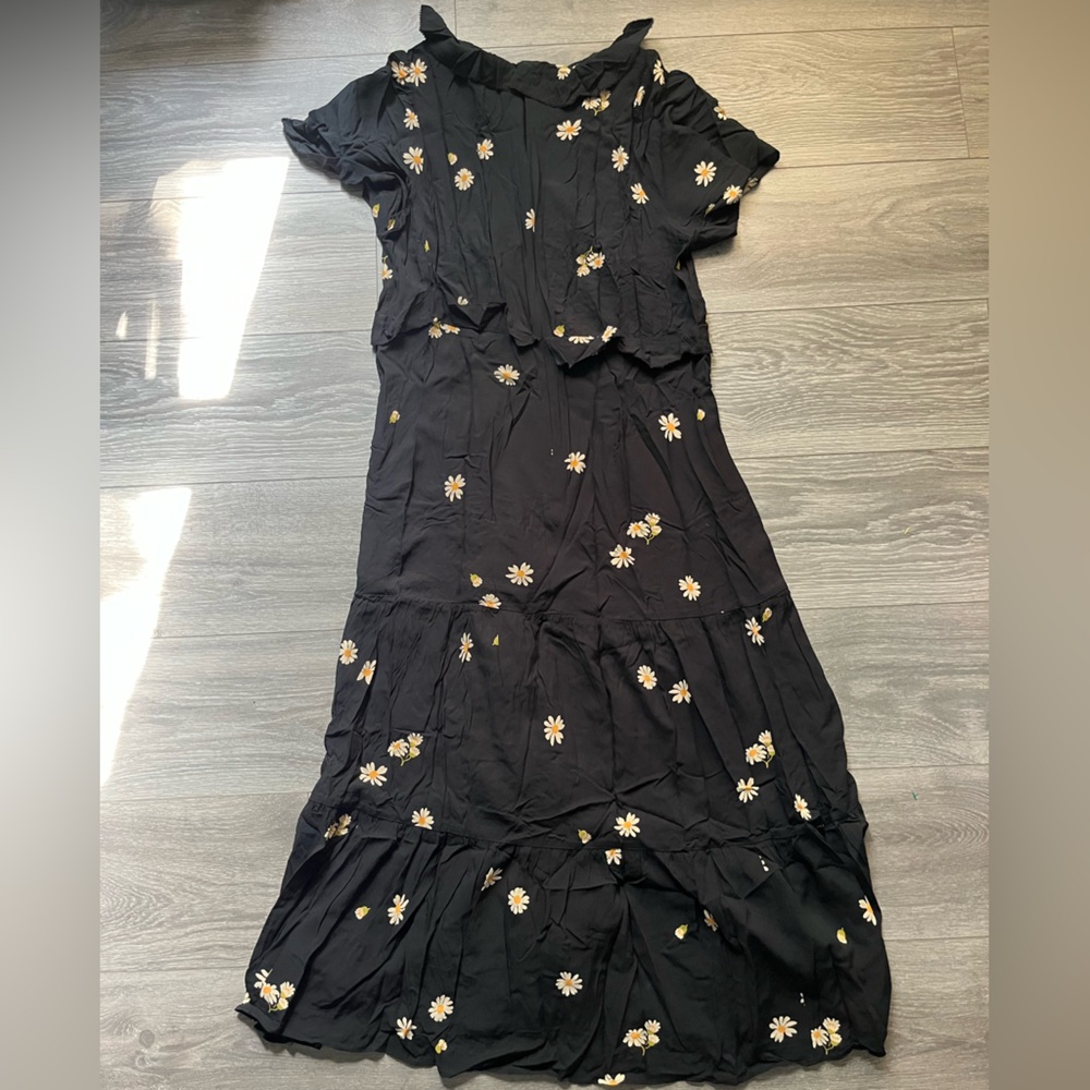 Madewell Black White Daisy Print Ruffle V Neck Tiered Skirt Summer Maxi Dress - Picture 2 of 6